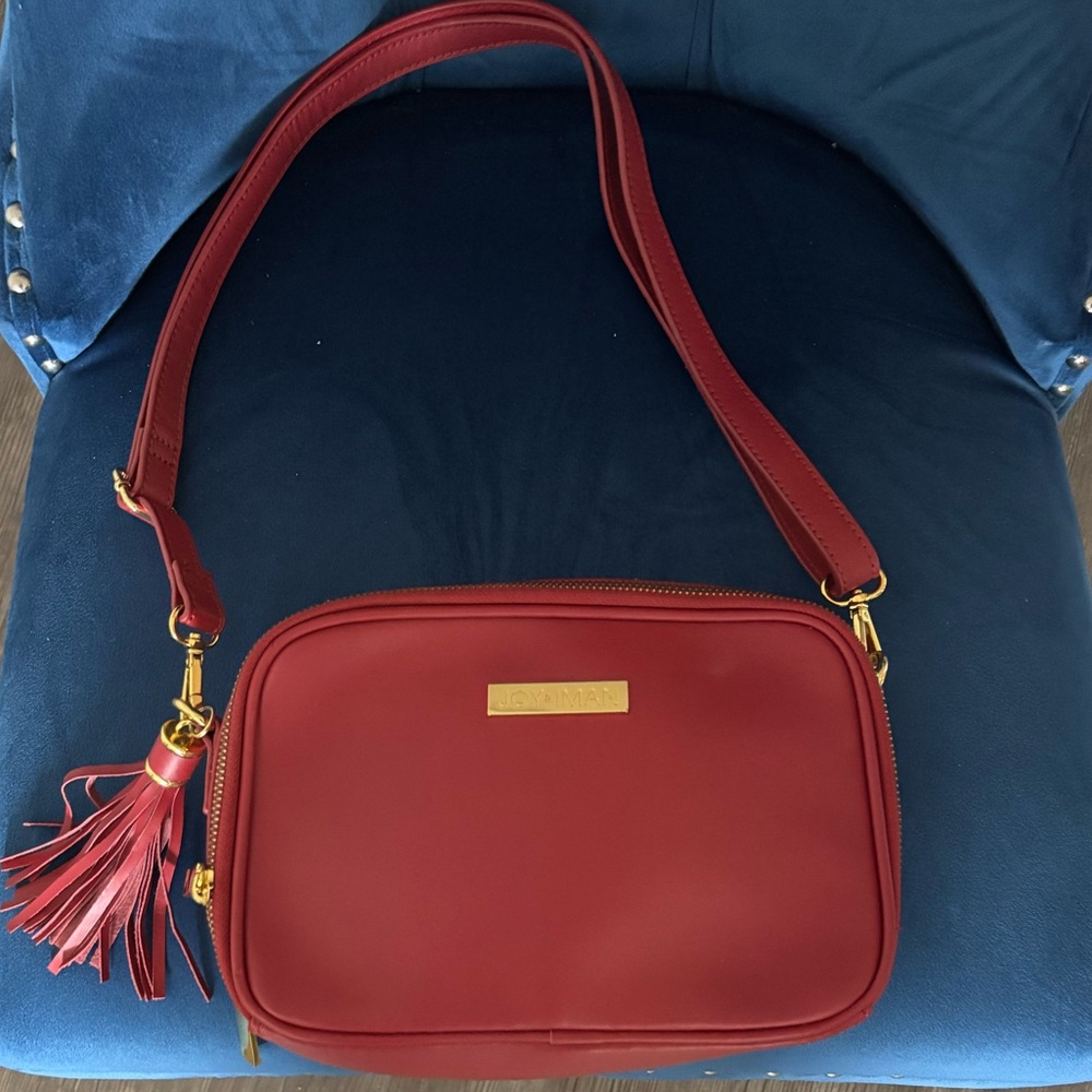 Joy & Iman Red leather purse, crossbody bag, gold accent, tassel